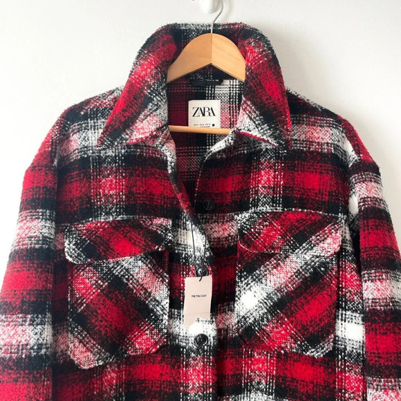 Zara Plaid Overshirt Longline Shacket Jacket Coat NWT Red White Size Medium - Picture 8 of 11